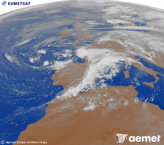 Imagen de la zona de Europa y Norte de frica del canal infrarrojo del satlite Meteosat operacional en 0N 0W, procesada para darle color. diumenge, 16 de novembre  2025 02:00