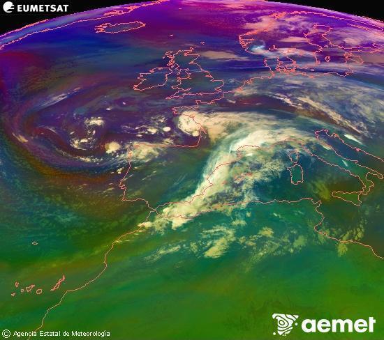 Composici RGB en la qual es barregen diversos canals del satllit Meteosat operacional en 0N 0W, que ens dna una idea de les caracterstiques de les masses d'aire i de la nuvolositat. diumenge, 16 de novembre  2025 03:00