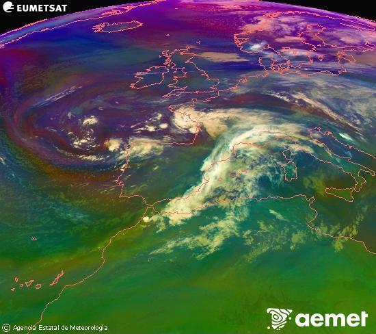 Composici RGB en la qual es barregen diversos canals del satllit Meteosat operacional en 0N 0W, que ens dna una idea de les caracterstiques de les masses d'aire i de la nuvolositat. diumenge, 16 de novembre  2025 04:00