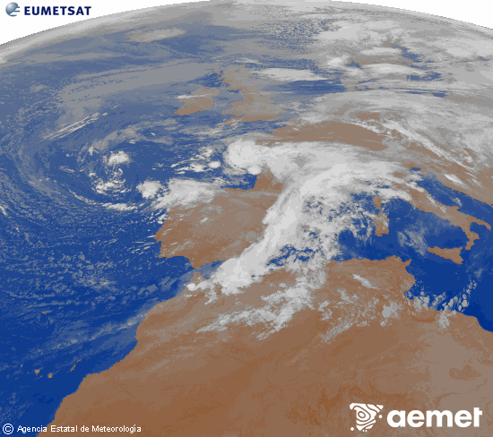 Imatge de la zona d'Europa i Nord d'frica del canal infraroig del satllit Meteosat operacional en 0N 0W, processada per a donar-li color. diumenge, 16 de novembre  2025 04:00