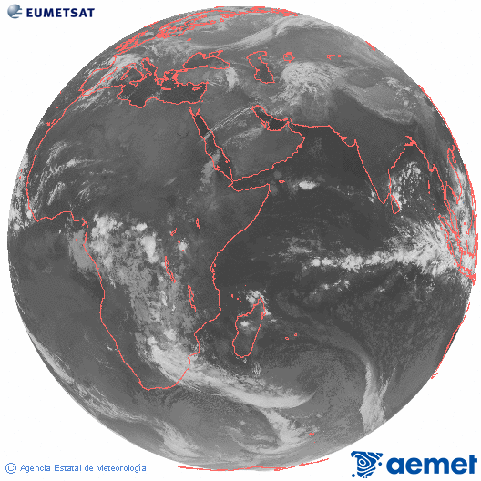 Ocano ndico. Imaxe global da canle infravermella (10.8μm) de Meteosat, pertencente  serie MSX (Meteosat Segunda Xeracin) e situado en 41.5°E. domingo, 16 novembro  2025 04:00