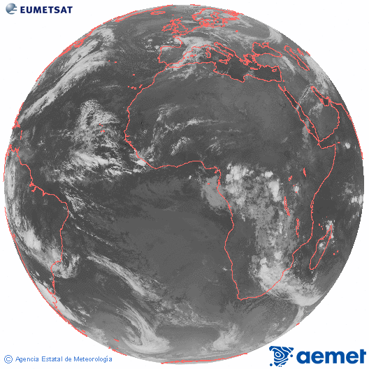 Imaxe global da canle infravermella (10.8 μm) do satlite  Meteosat, pertencente  serie MSX (Meteosat Segunda Xeracin) e situado en 0N 0E. domingo, 16 novembro  2025 04:00