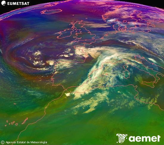 Composici RGB en la qual es barregen diversos canals del satllit Meteosat operacional en 0N 0W, que ens dna una idea de les caracterstiques de les masses d'aire i de la nuvolositat. diumenge, 16 de novembre  2025 05:00