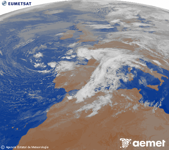 Imatge de la zona d'Europa i Nord d'frica del canal infraroig del satllit Meteosat operacional en 0N 0W, processada per a donar-li color. diumenge, 16 de novembre  2025 05:00