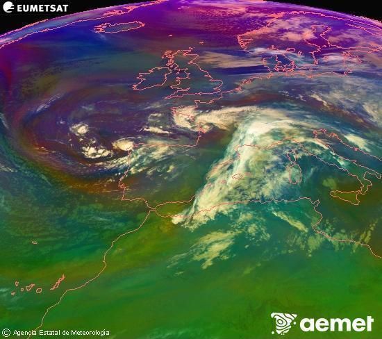 Composici RGB en la qual es barregen diversos canals del satllit Meteosat operacional en 0N 0W, que ens dna una idea de les caracterstiques de les masses d'aire i de la nuvolositat. diumenge, 16 de novembre  2025 07:00