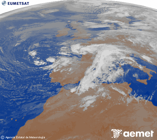 Imagen de la zona de Europa y Norte de frica del canal infrarrojo del satlite Meteosat operacional en 0N 0W, procesada para darle color. dimanche, 16 novembre  2025 07:00