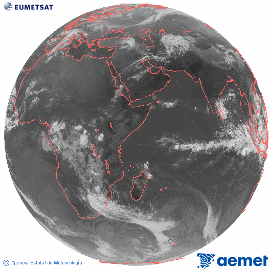 Ocano ndico. Imaxe global da canle infravermella (10.8μm) de Meteosat, pertencente  serie MSX (Meteosat Segunda Xeracin) e situado en 41.5°E. domingo, 16 novembro  2025 07:00