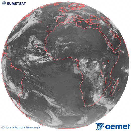 Imaxe global da canle infravermella (10.8 μm) do satlite  Meteosat, pertencente  serie MSX (Meteosat Segunda Xeracin) e situado en 0N 0E. domingo, 16 novembro  2025 07:00