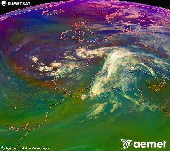 Composici RGB en la qual es barregen diversos canals del satllit Meteosat operacional en 0N 0W, que ens dna una idea de les caracterstiques de les masses d'aire i de la nuvolositat. diumenge, 16 de novembre  2025 08:00