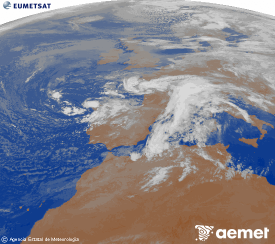Imagen de la zona de Europa y Norte de frica del canal infrarrojo del satlite Meteosat operacional en 0N 0W, procesada para darle color. dimanche, 16 novembre  2025 08:00