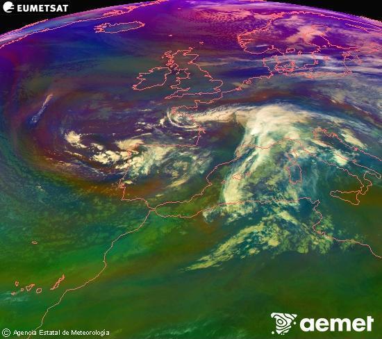 Composici RGB en la qual es barregen diversos canals del satllit Meteosat operacional en 0N 0W, que ens dna una idea de les caracterstiques de les masses d'aire i de la nuvolositat. diumenge, 16 de novembre  2025 10:00