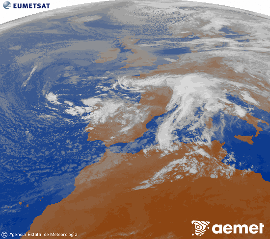 Imagen de la zona de Europa y Norte de frica del canal infrarrojo del satlite Meteosat operacional en 0N 0W, procesada para darle color. diumenge, 16 de novembre  2025 10:00
