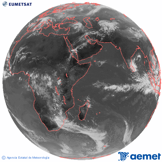 Ocano ndico. Imaxe global da canle infravermella (10.8μm) de Meteosat, pertencente  serie MSX (Meteosat Segunda Xeracin) e situado en 41.5°E. domingo, 16 novembro  2025 10:00