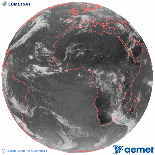 Imaxe global da canle infravermella (10.8 μm) do satlite  Meteosat, pertencente  serie MSX (Meteosat Segunda Xeracin) e situado en 0N 0E. domingo, 16 novembro  2025 10:00