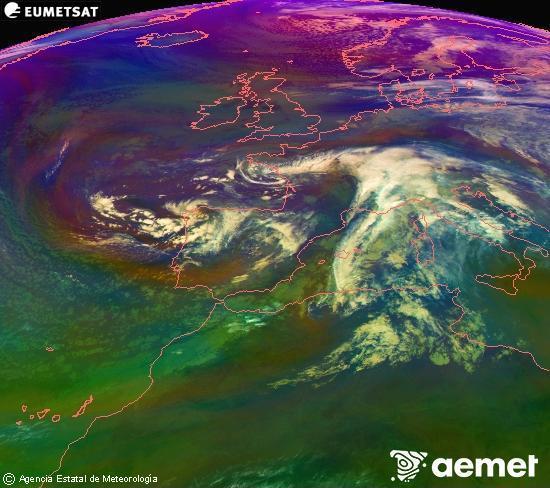Composici RGB en la qual es barregen diversos canals del satllit Meteosat operacional en 0N 0W, que ens dna una idea de les caracterstiques de les masses d'aire i de la nuvolositat. diumenge, 16 de novembre  2025 11:00