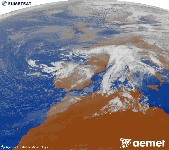 Imagen de la zona de Europa y Norte de frica del canal infrarrojo del satlite Meteosat operacional en 0N 0W, procesada para darle color. diumenge, 16 de novembre  2025 11:00