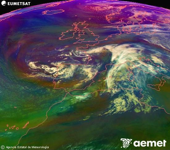Composici RGB en la qual es barregen diversos canals del satllit Meteosat operacional en 0N 0W, que ens dna una idea de les caracterstiques de les masses d'aire i de la nuvolositat. diumenge, 16 de novembre  2025 12:00