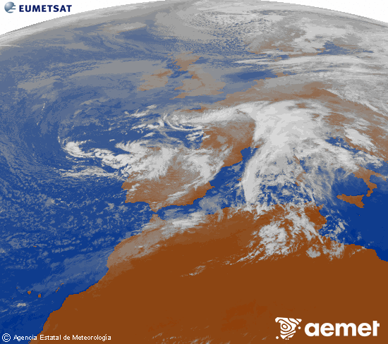 Imagen de la zona de Europa y Norte de frica del canal infrarrojo del satlite Meteosat operacional en 0N 0W, procesada para darle color. diumenge, 16 de novembre  2025 12:00