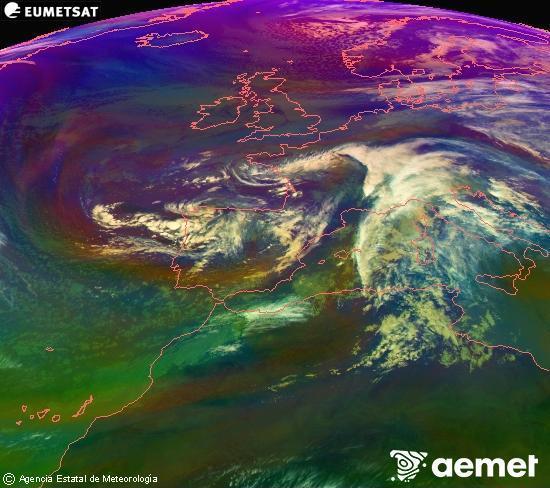 Composici RGB en la qual es barregen diversos canals del satllit Meteosat operacional en 0N 0W, que ens dna una idea de les caracterstiques de les masses d'aire i de la nuvolositat. diumenge, 16 de novembre  2025 13:00