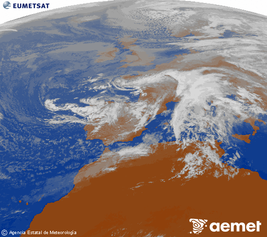 Imagen de la zona de Europa y Norte de frica del canal infrarrojo del satlite Meteosat operacional en 0N 0W, procesada para darle color. domingo, 16 noviembre 2025 a las 13:00