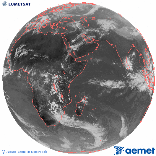 Ocano ndico. Imaxe global da canle infravermella (10.8μm) de Meteosat, pertencente  serie MSX (Meteosat Segunda Xeracin) e situado en 41.5°E. domingo, 16 novembro  2025 13:00