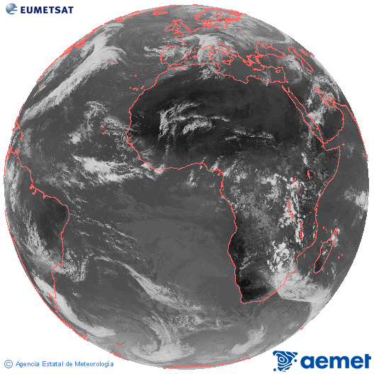 Imagen global del canal infrarrojo (10.8 μm) del satlite Meteosat, perteneciente a la serie MSG (Meteosat Segunda Generacin) y situado en 0N 0E. igandea, 2025ko azaroak 16, ordua: 13:00