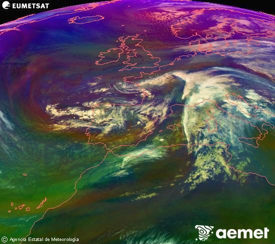 Composici RGB en la qual es barregen diversos canals del satllit Meteosat operacional en 0N 0W, que ens dna una idea de les caracterstiques de les masses d'aire i de la nuvolositat. diumenge, 16 de novembre  2025 14:00