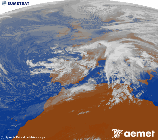 Imagen de la zona de Europa y Norte de frica del canal infrarrojo del satlite Meteosat operacional en 0N 0W, procesada para darle color. Sunday, 16 November  2025 14:00