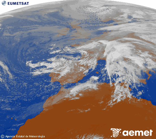 Imagen de la zona de Europa y Norte de frica del canal infrarrojo del satlite Meteosat operacional en 0N 0W, procesada para darle color. Sunday, 16 November  2025 15:00
