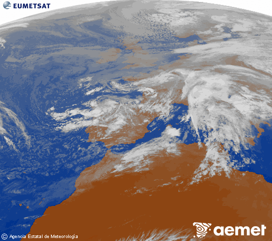 Imagen de la zona de Europa y Norte de frica del canal infrarrojo del satlite Meteosat operacional en 0N 0W, procesada para darle color. domingo, 16 noviembre 2025 a las 16:00