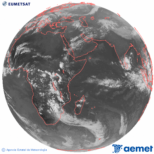 Ocano ndico. Imaxe global da canle infravermella (10.8μm) de Meteosat, pertencente  serie MSX (Meteosat Segunda Xeracin) e situado en 41.5°E. domingo, 16 novembro  2025 16:00