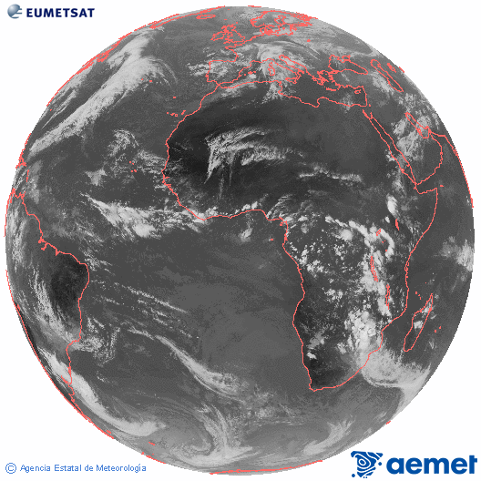Imagen global del canal infrarrojo (10.8 μm) del satlite Meteosat, perteneciente a la serie MSG (Meteosat Segunda Generacin) y situado en 0N 0E. igandea, 2025ko azaroak 16, ordua: 16:00