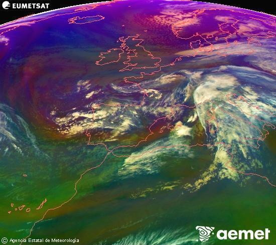 Composici RGB en la qual es barregen diversos canals del satllit Meteosat operacional en 0N 0W, que ens dna una idea de les caracterstiques de les masses d'aire i de la nuvolositat. diumenge, 16 de novembre  2025 17:00
