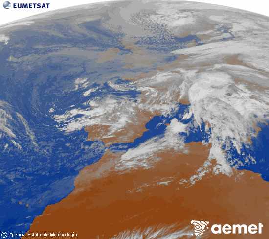 Imagen de la zona de Europa y Norte de frica del canal infrarrojo del satlite Meteosat operacional en 0N 0W, procesada para darle color. domingo, 16 noviembre 2025 a las 17:00
