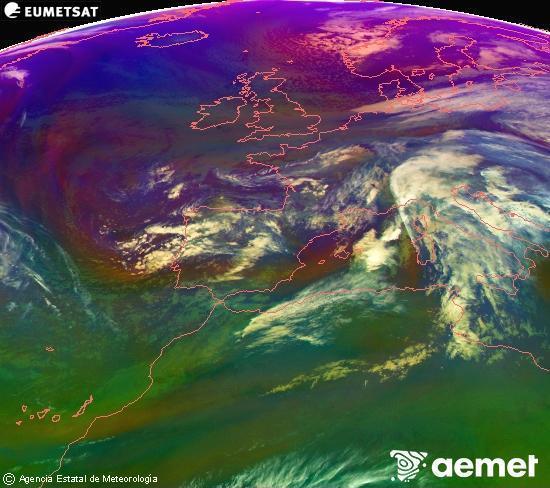 Composici RGB en la qual es barregen diversos canals del satllit Meteosat operacional en 0N 0W, que ens dna una idea de les caracterstiques de les masses d'aire i de la nuvolositat. diumenge, 16 de novembre  2025 18:00