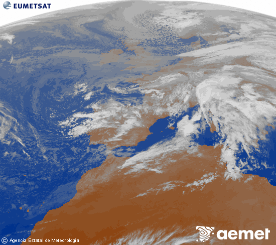 Imagen de la zona de Europa y Norte de frica del canal infrarrojo del satlite Meteosat operacional en 0N 0W, procesada para darle color. domingo, 16 noviembre 2025 a las 18:00