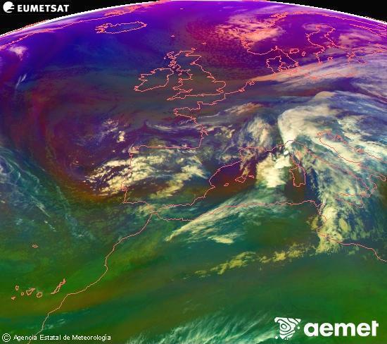 Composici RGB en la qual es barregen diversos canals del satllit Meteosat operacional en 0N 0W, que ens dna una idea de les caracterstiques de les masses d'aire i de la nuvolositat. diumenge, 16 de novembre  2025 19:00