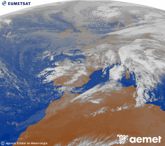 Imagen de la zona de Europa y Norte de frica del canal infrarrojo del satlite Meteosat operacional en 0N 0W, procesada para darle color. diumenge, 16 de novembre  2025 19:00