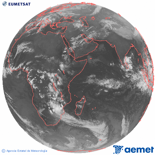 Ocano ndico. Imaxe global da canle infravermella (10.8μm) de Meteosat, pertencente  serie MSX (Meteosat Segunda Xeracin) e situado en 41.5°E. domingo, 16 novembro  2025 19:00