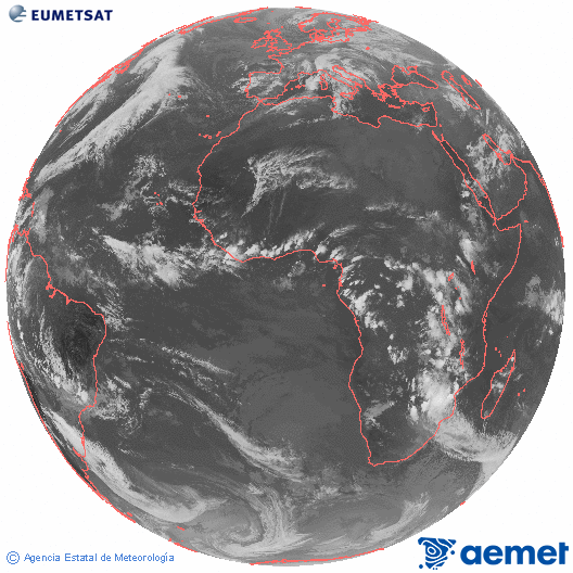 Imagen global del canal infrarrojo (10.8 μm) del satlite Meteosat, perteneciente a la serie MSG (Meteosat Segunda Generacin) y situado en 0N 0E. igandea, 2025ko azaroak 16, ordua: 19:00