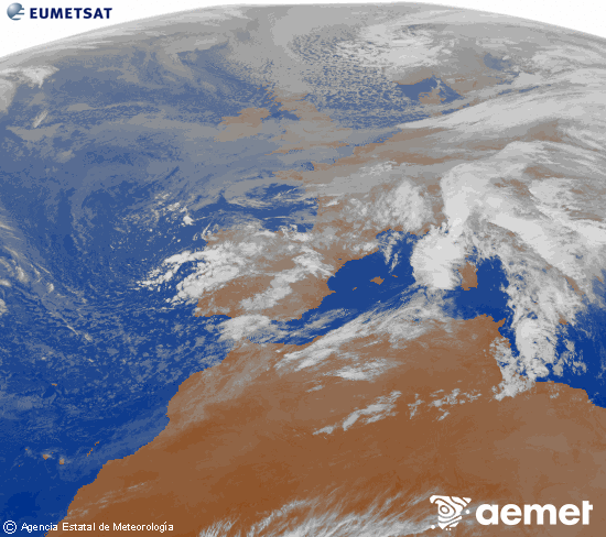 Imagen de la zona de Europa y Norte de frica del canal infrarrojo del satlite Meteosat operacional en 0N 0W, procesada para darle color. diumenge, 16 de novembre  2025 20:00