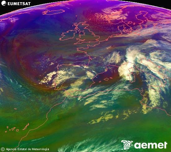 Composici RGB en la qual es barregen diversos canals del satllit Meteosat operacional en 0N 0W, que ens dna una idea de les caracterstiques de les masses d'aire i de la nuvolositat. diumenge, 16 de novembre  2025 21:00