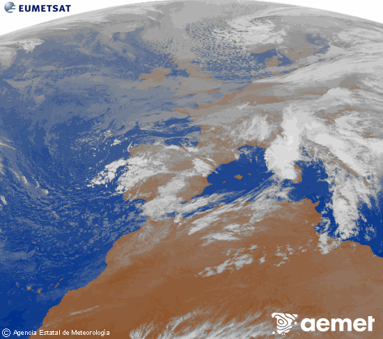 Imagen de la zona de Europa y Norte de frica del canal infrarrojo del satlite Meteosat operacional en 0N 0W, procesada para darle color. diumenge, 16 de novembre  2025 21:00