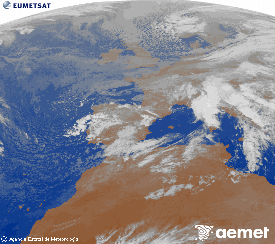 Imagen de la zona de Europa y Norte de frica del canal infrarrojo del satlite Meteosat operacional en 0N 0W, procesada para darle color. diumenge, 16 de novembre  2025 22:00
