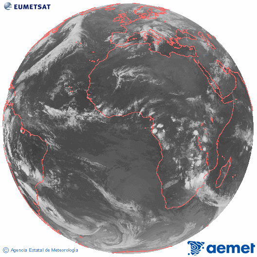 Imagen global del canal infrarrojo (10.8 μm) del satlite Meteosat, perteneciente a la serie MSG (Meteosat Segunda Generacin) y situado en 0N 0E. igandea, 2025ko azaroak 16, ordua: 22:00