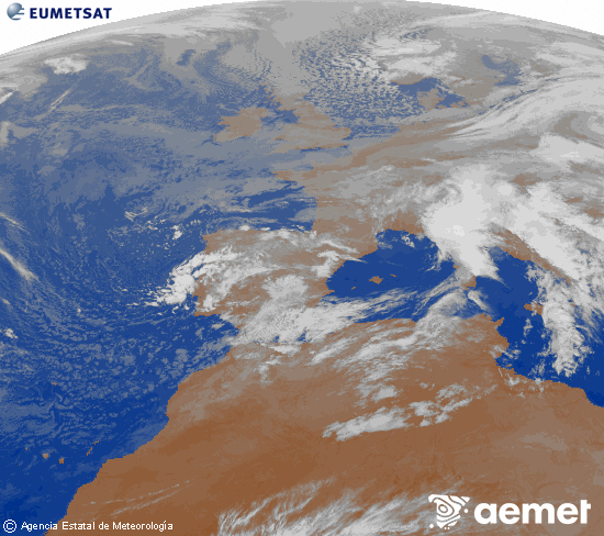 Imagen de la zona de Europa y Norte de frica del canal infrarrojo del satlite Meteosat operacional en 0N 0W, procesada para darle color. domingo, 16 noviembre 2025 a las 23:00