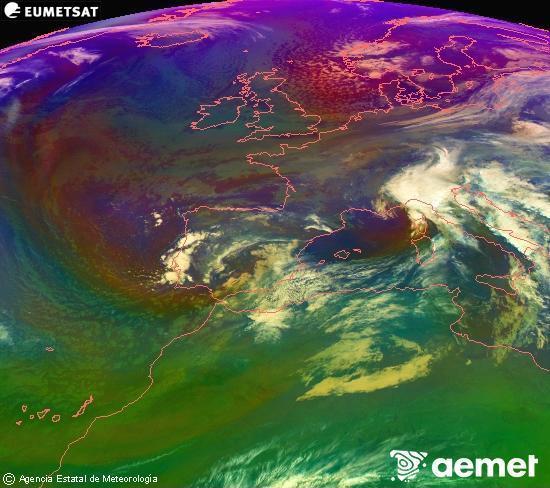 Composici RGB en la qual es barregen diversos canals del satllit Meteosat operacional en 0N 0W, que ens dna una idea de les caracterstiques de les masses d'aire i de la nuvolositat. dilluns, 17 de novembre  2025 01:00