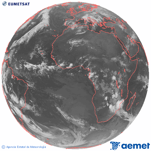 Imagen global del canal infrarrojo (10.8 μm) del satlite Meteosat, perteneciente a la serie MSG (Meteosat Segunda Generacin) y situado en 0N 0E. astelehena, 2025ko azaroak 17, ordua: 01:00