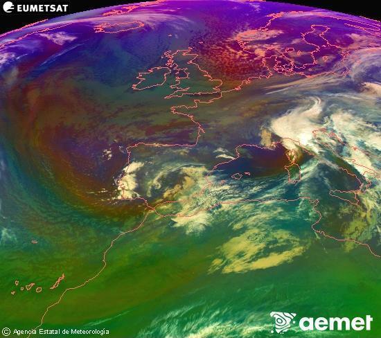 Composici RGB en la qual es barregen diversos canals del satllit Meteosat operacional en 0N 0W, que ens dna una idea de les caracterstiques de les masses d'aire i de la nuvolositat. dilluns, 17 de novembre  2025 02:00