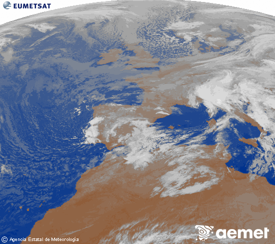 Imatge de la zona d'Europa i Nord d'frica del canal infraroig del satllit Meteosat operacional en 0N 0W, processada per a donar-li color. dilluns, 17 de novembre  2025 02:00